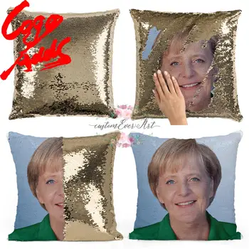 Angela Merkelová flitr polštář | flitrový povlak na Polštář | Dvě barevné polštáře | dárek pro ni | pro něj | polštář | kouzelný polštář